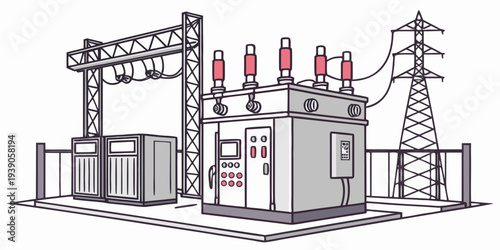 High-voltage substation with electrical transformers and transmission lines