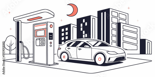 Electric car charging at a futuristic urban station under moonlight