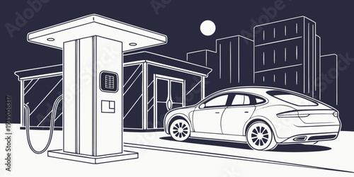 A futuristic electric vehicle charging station in an urban setting at nighttime