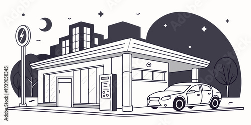 A quaint suburban house under a starry night sky with a vintage car parked nearby