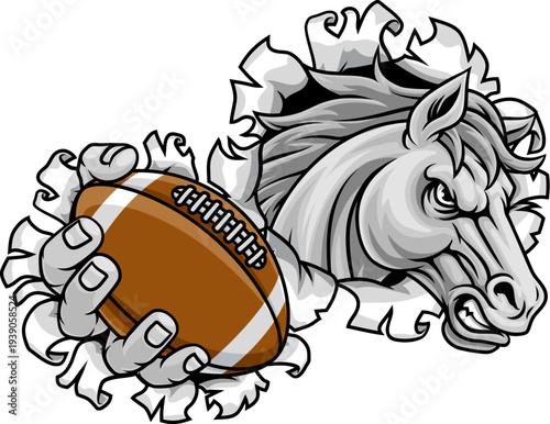 Horse mustang bronco stallion American football angry sports team mascot holding a ball.