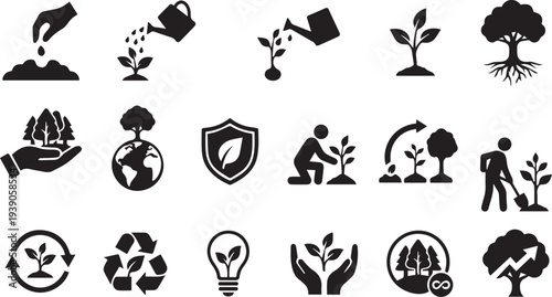 Eco-Friendly Reforestation and Sustainable Growth Concept Vector Icons