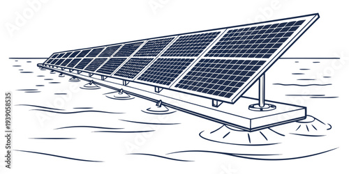 Solar panels arranged on a floating platform over water for renewable energy generation