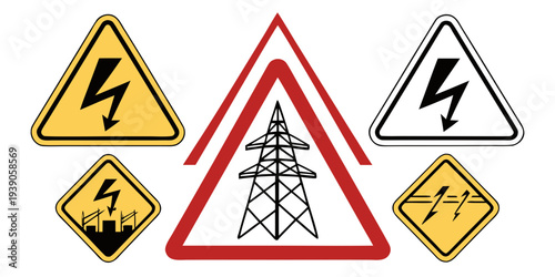 Warning signs indicating electrical and construction hazards around power lines