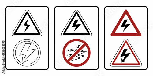 Symbols representing electrical warnings and prohibitions in safety signage.