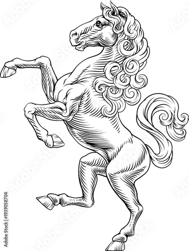 A heraldry coat of arms crest style rearing heraldic horse standing on hind legs in a vintage style