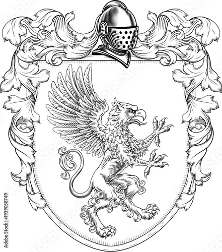 A Griffin or Gryphon coat of arms or crest family heraldry medieval heraldic animal knight shield. With helmet and acanthus filigree scroll ornament in a vintage woodcut style.