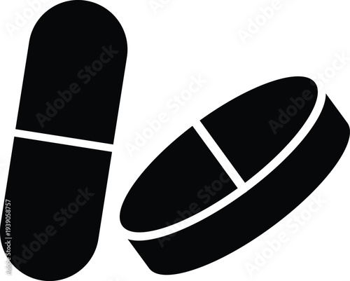 Capsule and Tablet Medicine Silhouette Isolated on White Background