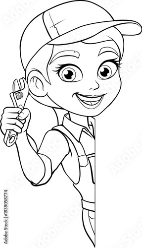 A woman female mechanic, plumber technician or engineer cartoon character mascot holding a wrench or spanner.