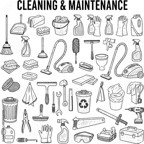 Hand-drawn collection of various cleaning products, maintenance tools, and household repair supplies in doodle style