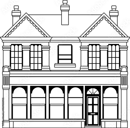 Victorian outline old English house building. Georgian mansion manor style homes. Vintage British architecture facade illustration.