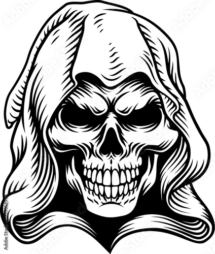 Grim reaper skull hooded death character illustration drawing in vintage woodcut engraving style. Detailed gothic skeleton face isolated on white background. Dark reaper mascot tattoo or emblem design