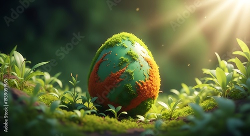 Earth day eco friendly concept a green and orange egg in nature