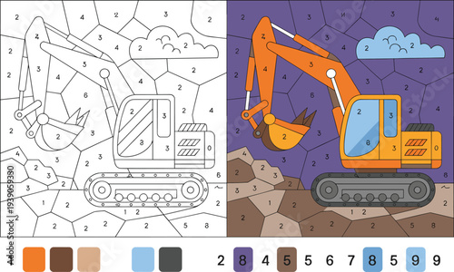Color By Number Excavator Activity Sheet for Kids Construction Vehicle Illustration