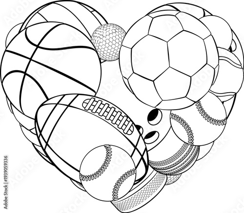 Cartoon sports heart sport lover fan design. Sports balls and items forming heart. Includes basketball, soccer, football, baseball, tennis, golf, cricket and more.