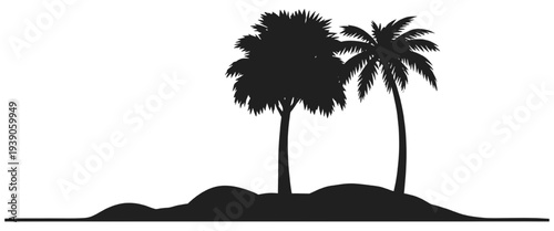 Tropical beach silhouette with palm trees and island landscape, summer vacation theme, isolated on transparent background, vector illustration