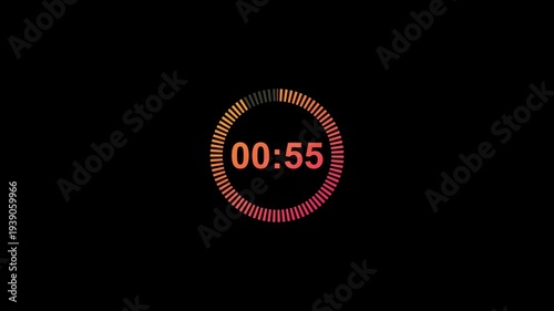 One minute circle countdown timer animation from 60 to 0 seconds with alpha channel, 1 minute circle countdown animation on a transparent background