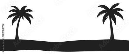 Tropical beach silhouette with two palm trees and island landscape, summer vacation theme, isolated on transparent background, vector illustration