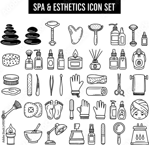 Spa and Esthetics Icon Set: Hand-Drawn Collection of Beauty Tools, Products, and Treatment Essentials for Wellness, Massage, and Skincare Professionals