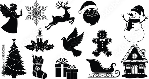 Christmas Silhouette Icon Set with Santa Claus Reindeer Snowman Gingerbread Man Angel Snowflake Christmas Tree Stocking Gifts Sleigh and Winter House.