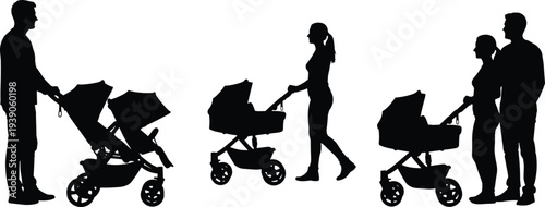 Family Silhouette Set with Parents Walking with Baby Stroller and Double Buggy Featuring Mother and Father Silhouettes in Black Vector.
