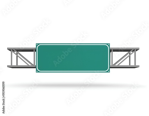 Blank green highway sign on overhead gantry against white for travel information