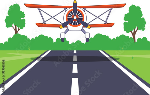 Vintage biplane flying over road vector illustration.