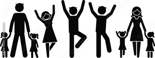 Happy Family Silhouette Set with Stick Figures of Parents and Children Jumping for Joy and Holding Hands in Black Vector.