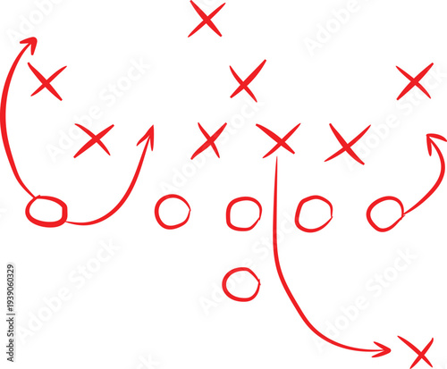 Simple red ink diagram illustrating a complex offensive football play design sketched against a white background for strategy.