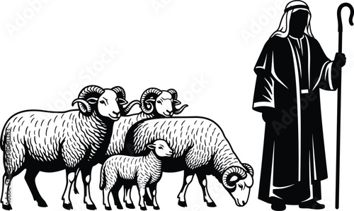 Hand Drawn Vector Illustration of a Middle Eastern Shepherd Standing with Staff Guarding a Small Flock of Sheep and RamsHand Drawn Vector Illustration 