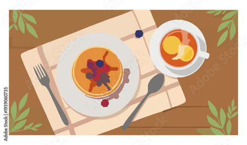 Cozy morning pancake breakfast with tea and berries top view vector