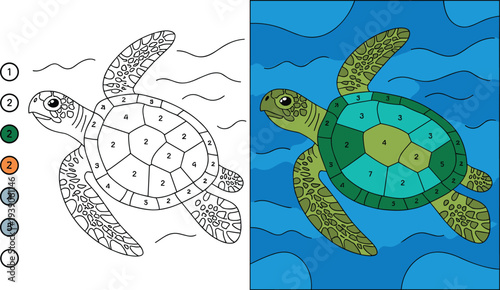 Coloring Page Turtle with Numbers and Completed Version in Blue Water