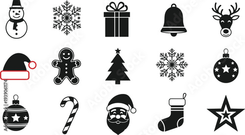 Set of Christmas Flat Vector Icons Featuring Santa Claus Snowman Reindeer Gingerbread Man Christmas Tree Ornaments and Winter Holiday Celebration Elements