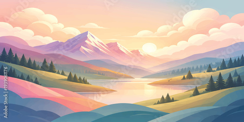Mountain, Snow Peak, Lake, Hills, Clouds, Pastel Valley Landscape Illustration