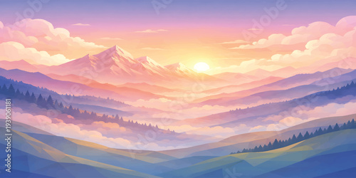 Sunrise, Mountains, Clouds, Misty Hills, Pastel Valley Landscape Illustration