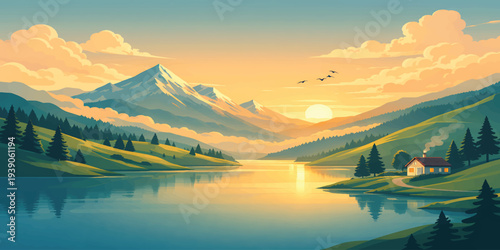 Lake, Sunset, Mountains, Hills, Pine Forest, Cottage Landscape Illustration