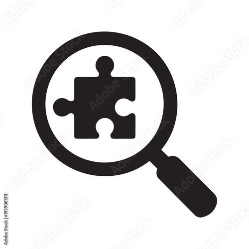A black magnifying glass is positioned over a single puzzle piece, symbolizing detailed investigation, problem-solving, searching for solutions, or critical analysis and understanding.