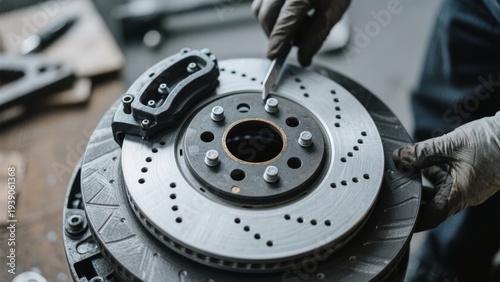 Mechanic working on a brake rotor and caliper assembly in a workshop
