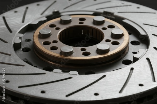 Close-up view of a ventilated brake disc with drilled holes and slotted surface