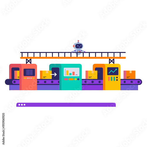 A futuristic robot oversees colorful machines on a production line conveying industrial technology.