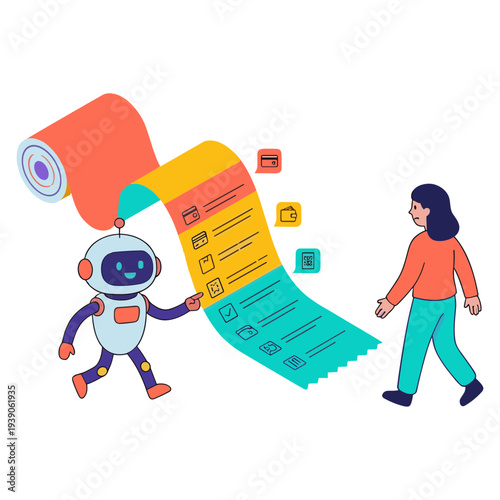 A robot and a woman interact with a large receipt in an office.