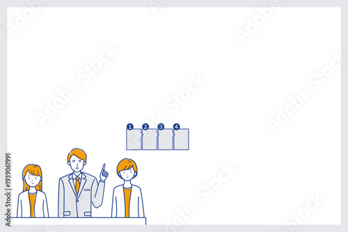 余白のある会議で方針を説明するビジネスパーソンのイラスト(色違い）