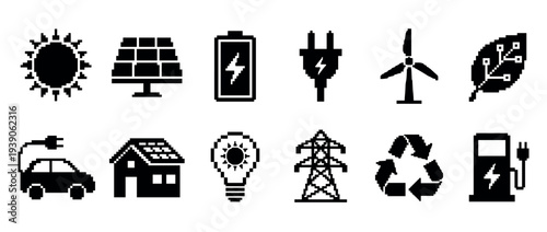 Collection of black pixel art icons representing renewable energy and sustainability concepts like solar panels, wind turbines, electric cars, and recycling in a retro 8-bit style
