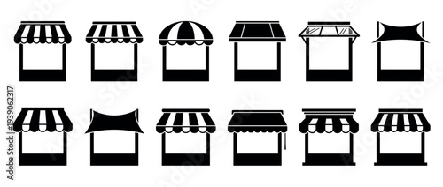 Collection of black market stall icons with various awning designs for retail and commerce concepts, presented as a simple graphic silhouette set for business and shopping themes