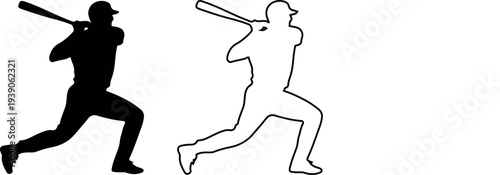Baseball hitter silhouette with outline and stroke style batting player action design set