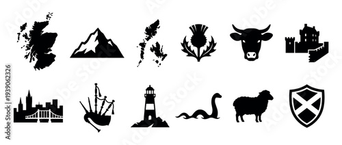 Set of twelve black silhouette icons representing cultural symbols of a Celtic nation, including a thistle, castle, mythical monster, bagpipes, and a national map outline