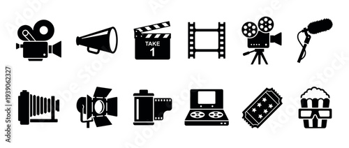 Black silhouette icons for movie production and cinema entertainment, featuring a film camera, clapperboard, microphone, and popcorn in a minimalist graphic vector illustration set