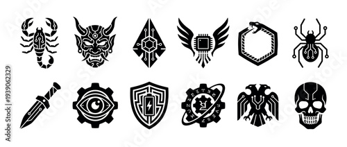 Collection of black cyberpunk and fantasy icons blending mythology with technology, featuring a circuit scorpion, demon mask, winged CPU, Ouroboros snake, and mechanical eye
