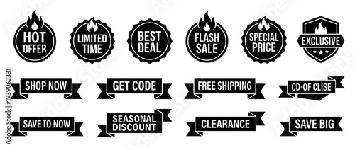 Collection of black promotional sale badges and ribbon banners for retail marketing and e-commerce advertising, featuring various discount and offer labels like hot deal and flash sale
