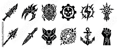 Twelve black graphic icons in a fantasy and cyberpunk style, featuring a futuristic sword, mechanical skull, geometric wolf, and cybernetic fist emblems